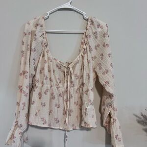 Cream Floral Peasant Blouse with Tie Front
